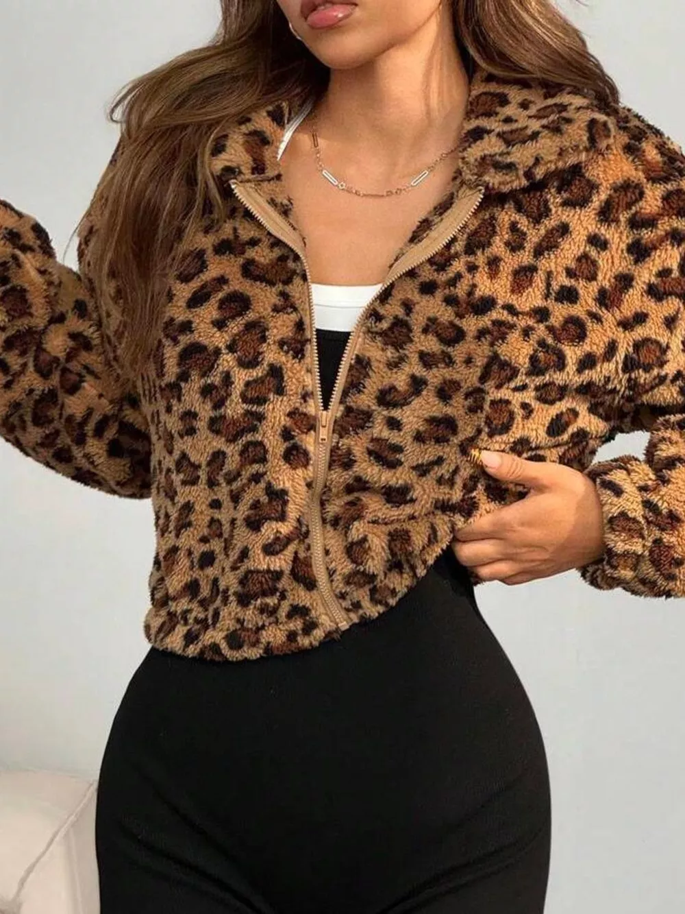 Leopard Print Fuzzy Cropped Jacket, image 5