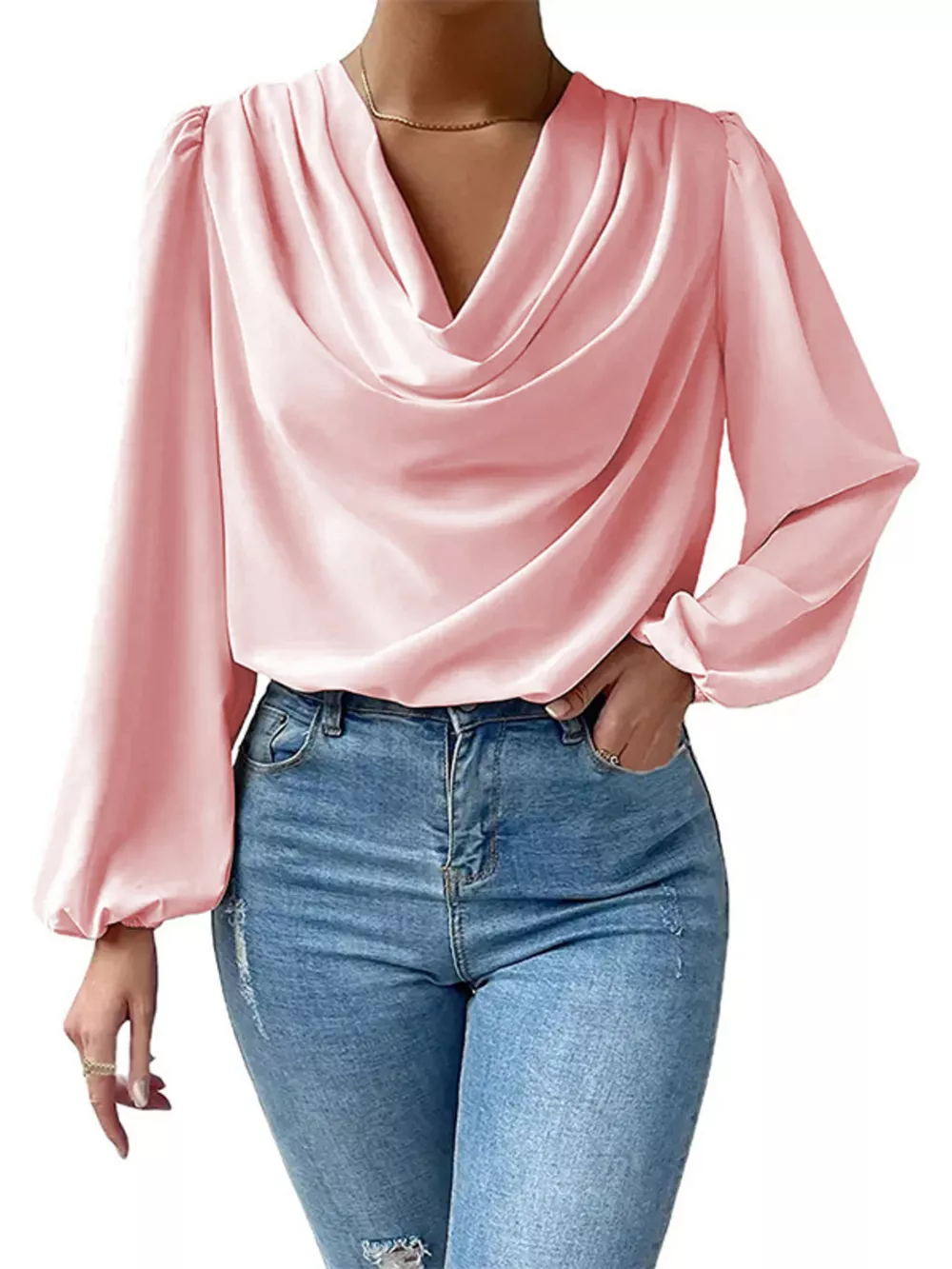 Full Size Cowl Neck Balloon Sleeve Blouse Plus Size, image 17