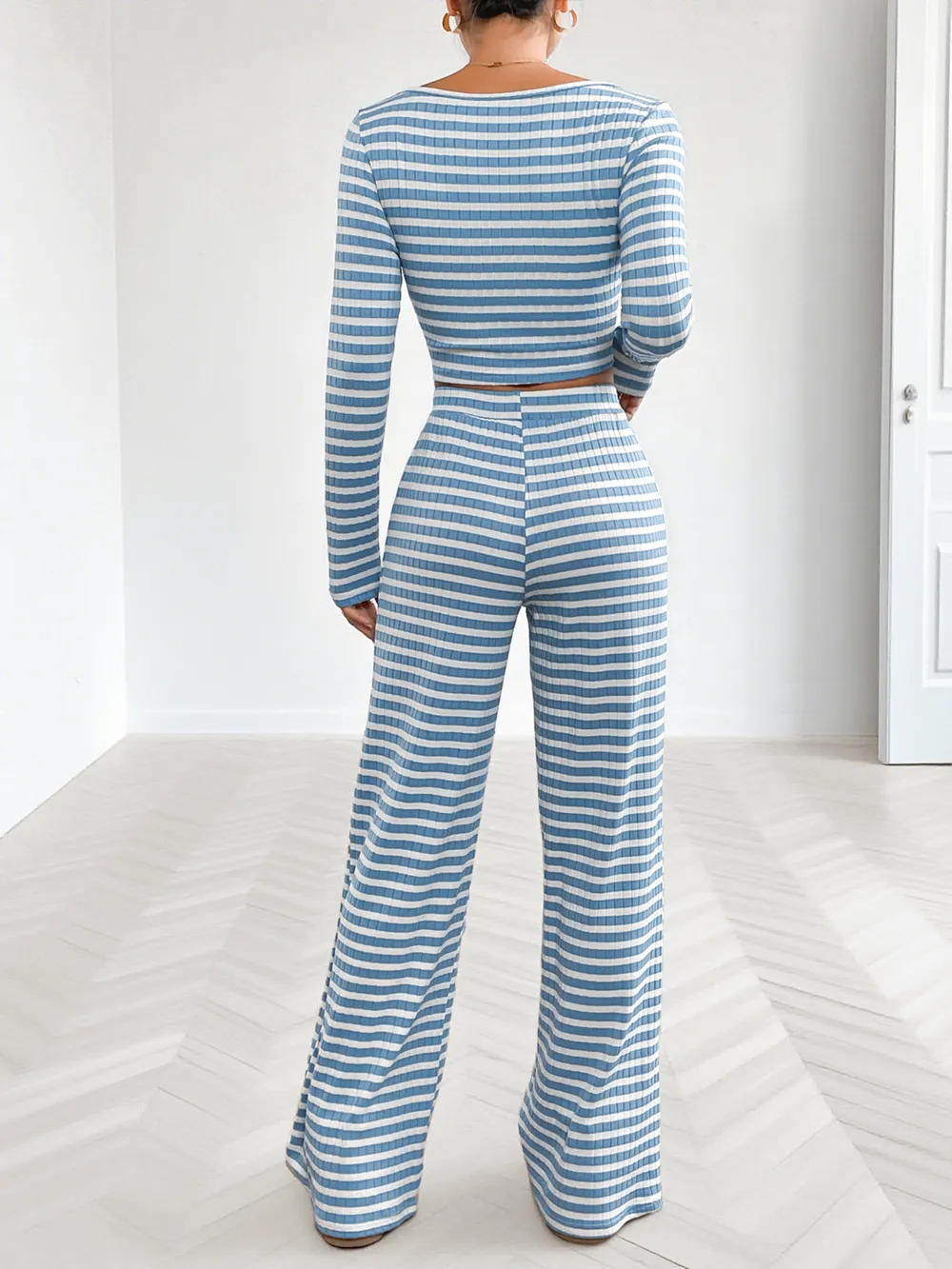 Striped Square Neck Long Sleeve Top and Pants Lounge Set, image 10