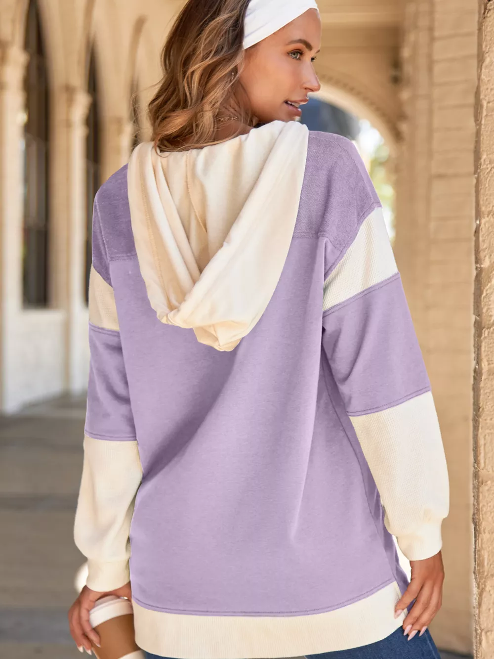 Waffle Contrast Knit Color Block Patchwork Button Front Oversize Hoodie, image 4