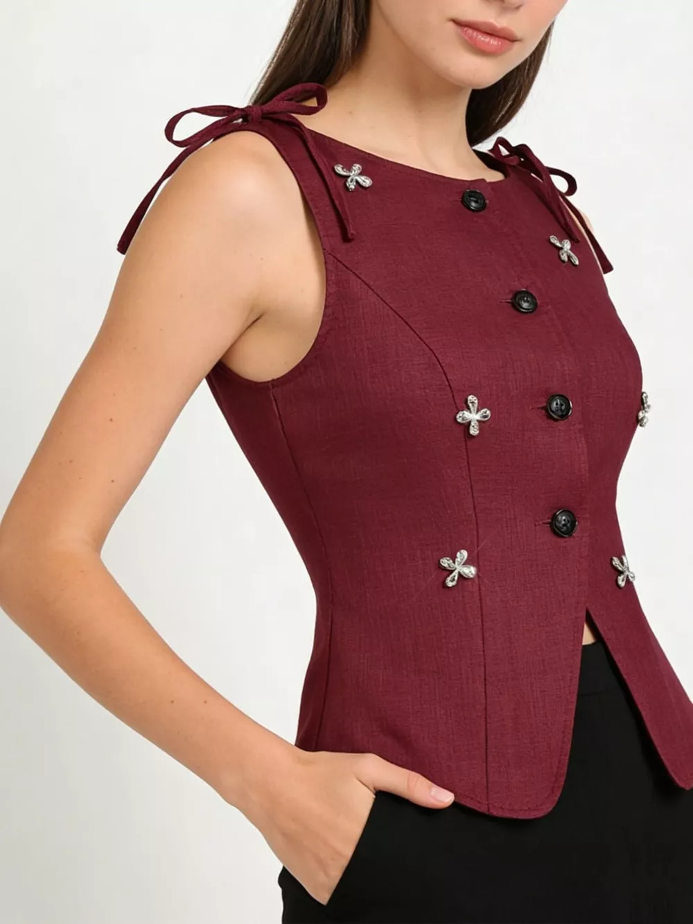 Button-Front Floral Decor Tie Shoulder Vest, image 3