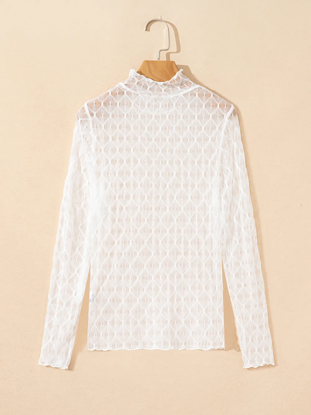 Sheer Mesh Patterned Lettuce Trim Slim Long Sleeve Top, image 9