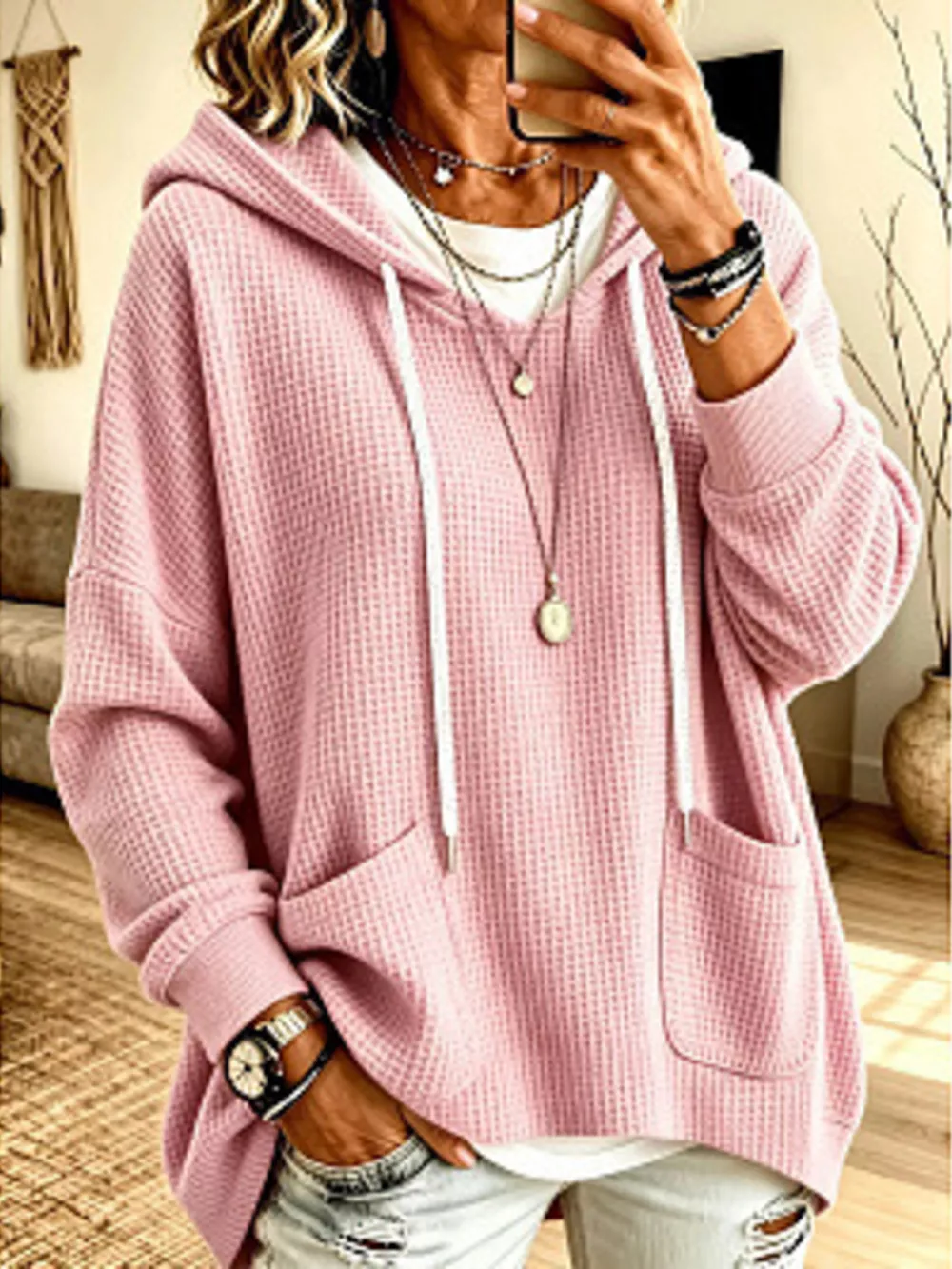 Full Size Waffle Knit Drawstring Long Sleeve Hoodie Plus Size, image 5