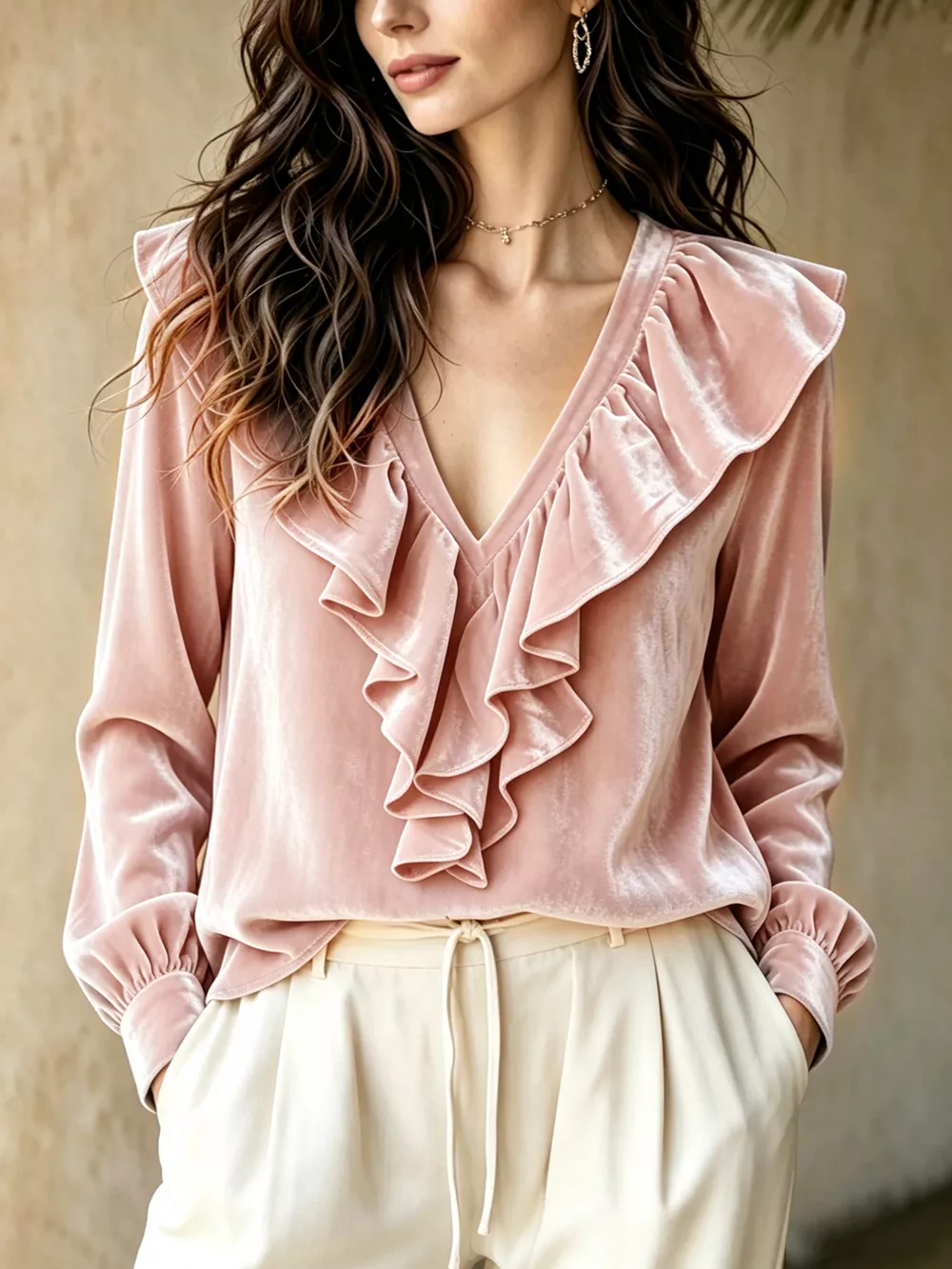 Ruffled V-Neck Long Sleeve Blouse, image 10