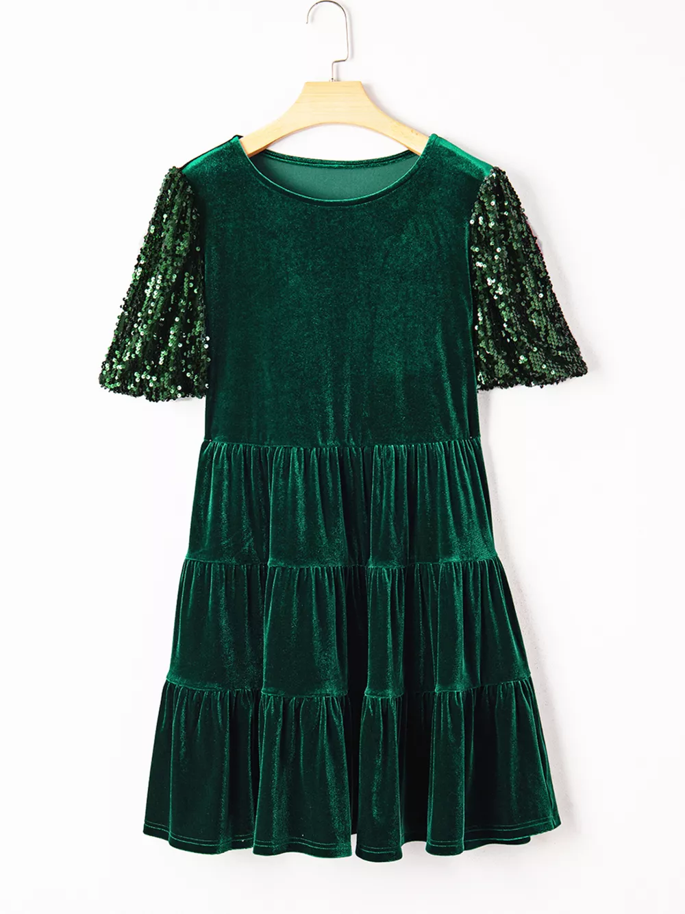 Sequin Puff Sleeve High Waist Tiered Velvet Mini Dress, image 9