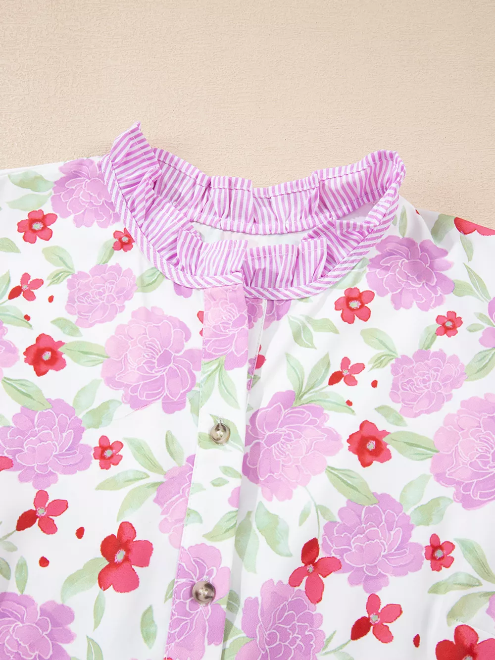 Floral Print Striped Trim Frilled Neck 3/4 Sleeve Flared Mini Dress, image 7