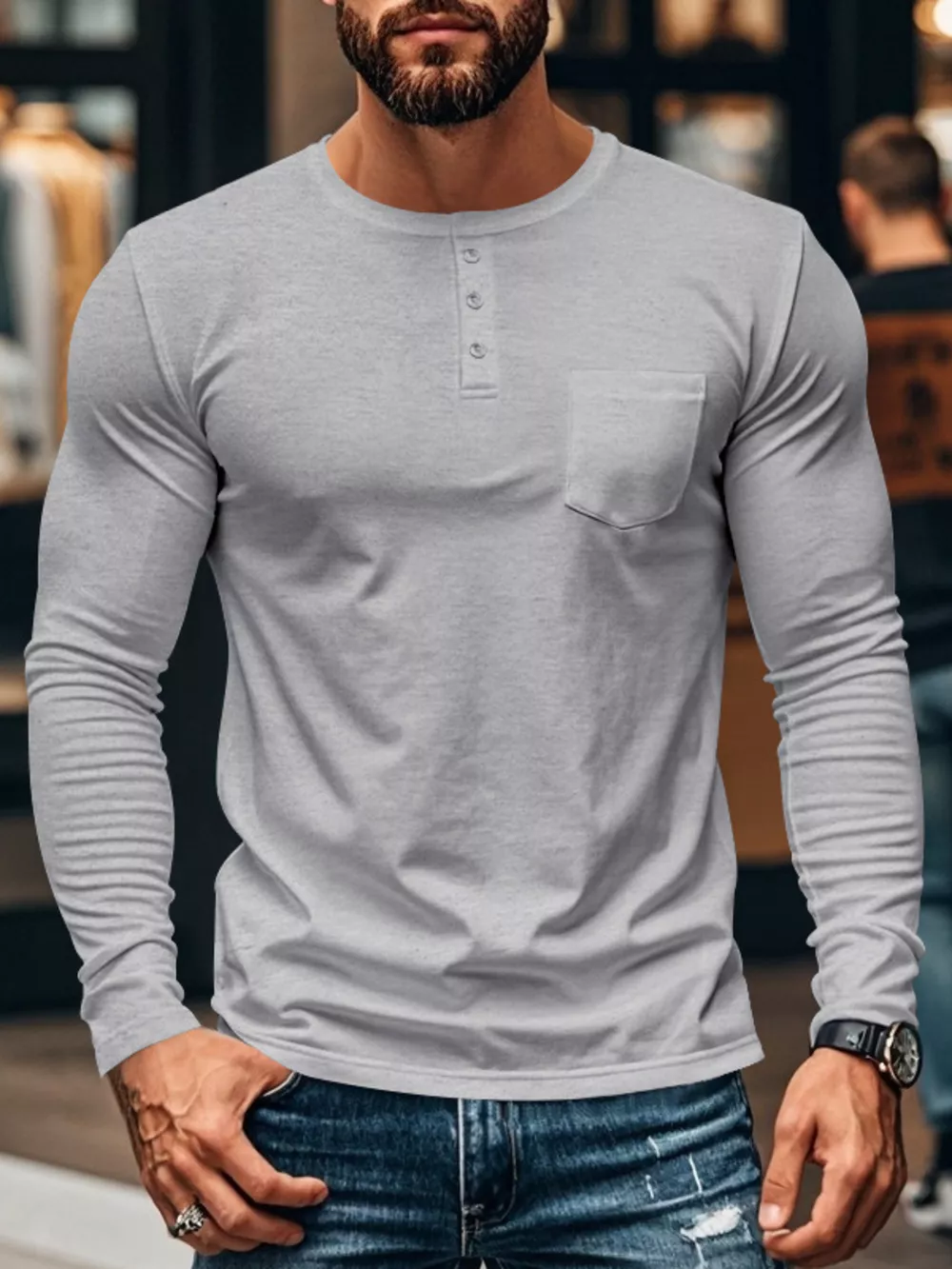 Men's Plus Size Casual Long Sleeve Henley T-Shirt with Pocket, image 8