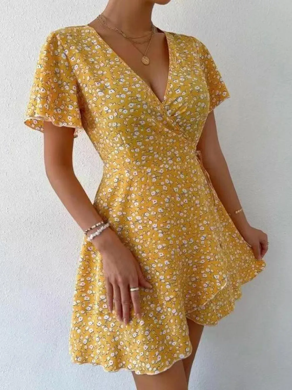 Floral Flutter Sleeve Wrap Mini Dress, image 17