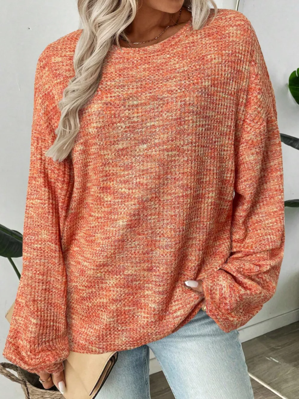 Space-Dyed Long Sleeve Waffle-Knit Top, image 17