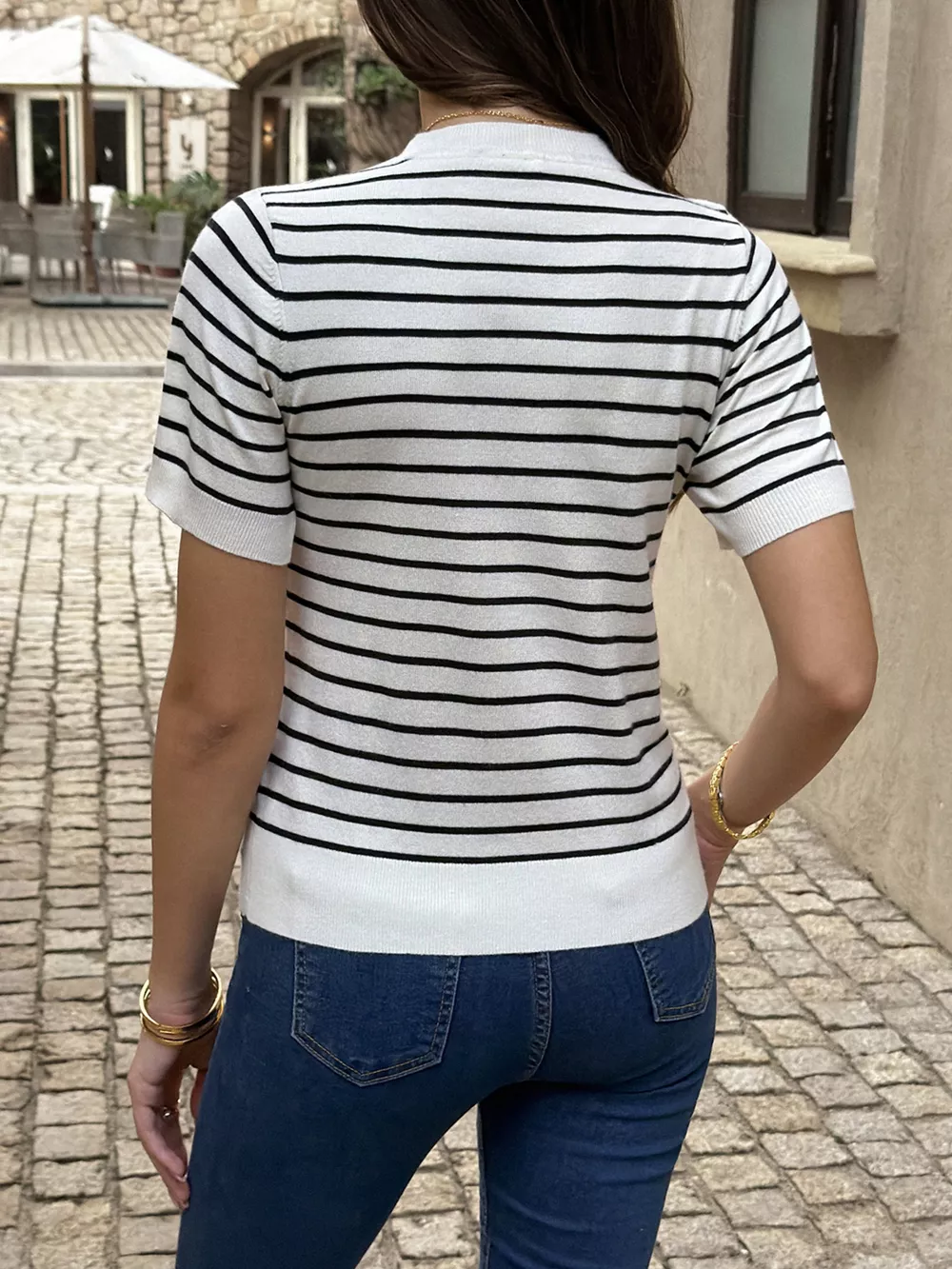 Striped Short-Sleeve Knit Top, image 5