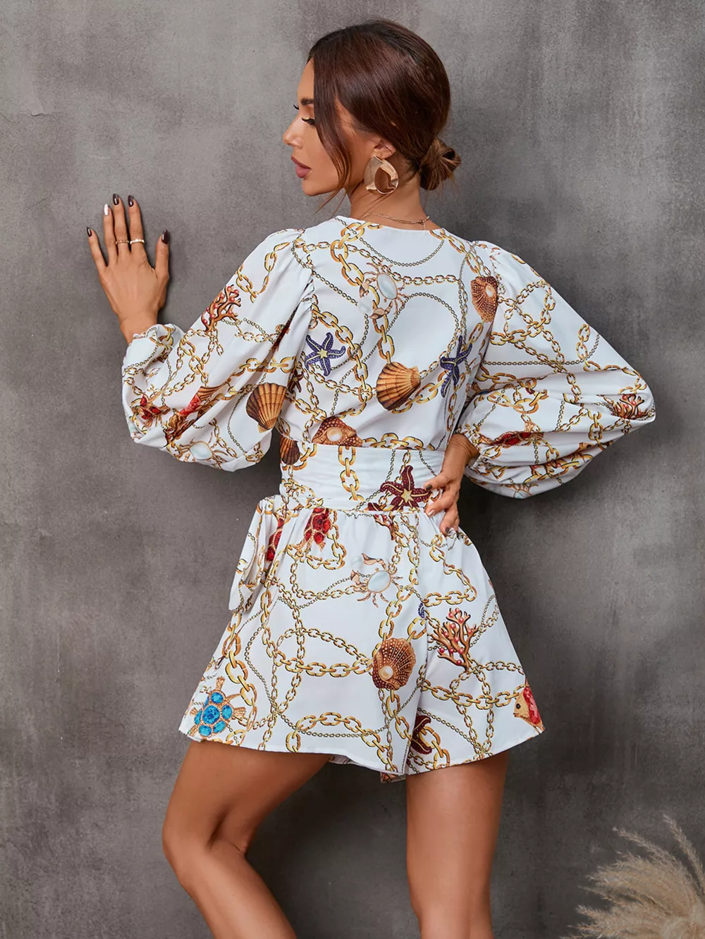 Cutout Front Printed Long Sleeve Romper, image 4