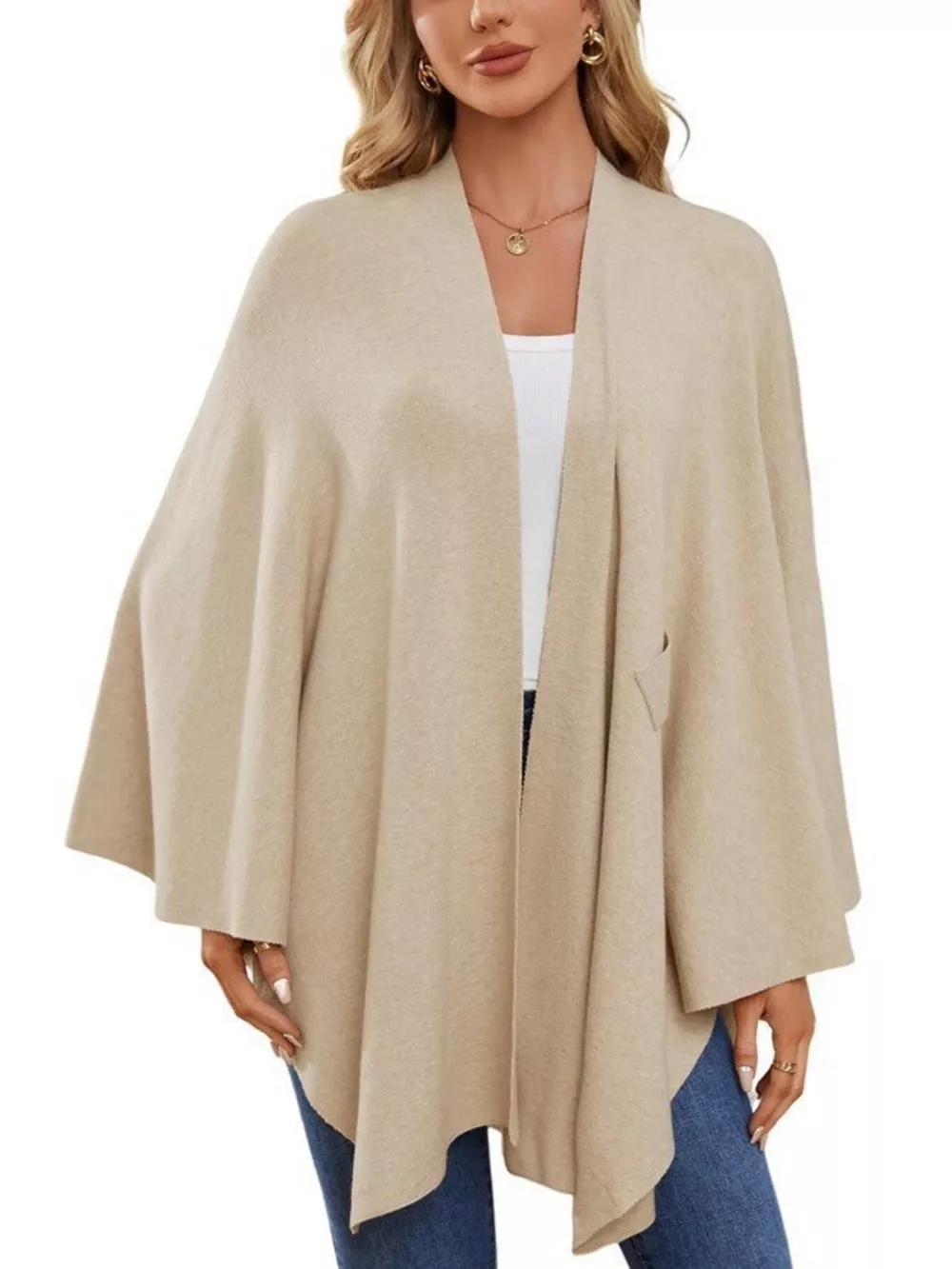 Solid Color Tie-Front Knit Cape Top, image 31