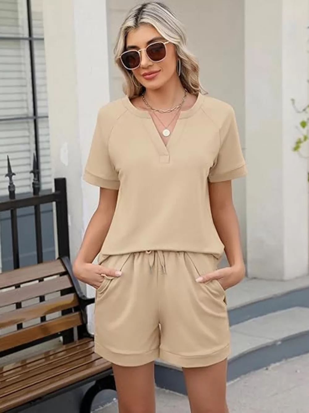 Solid Color Short Sleeve Top and Shorts Two-Piece Set, image 6