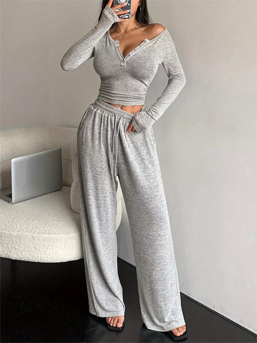 Button Detail Long Sleeve Top and Wide-Leg Pants Set, image 7
