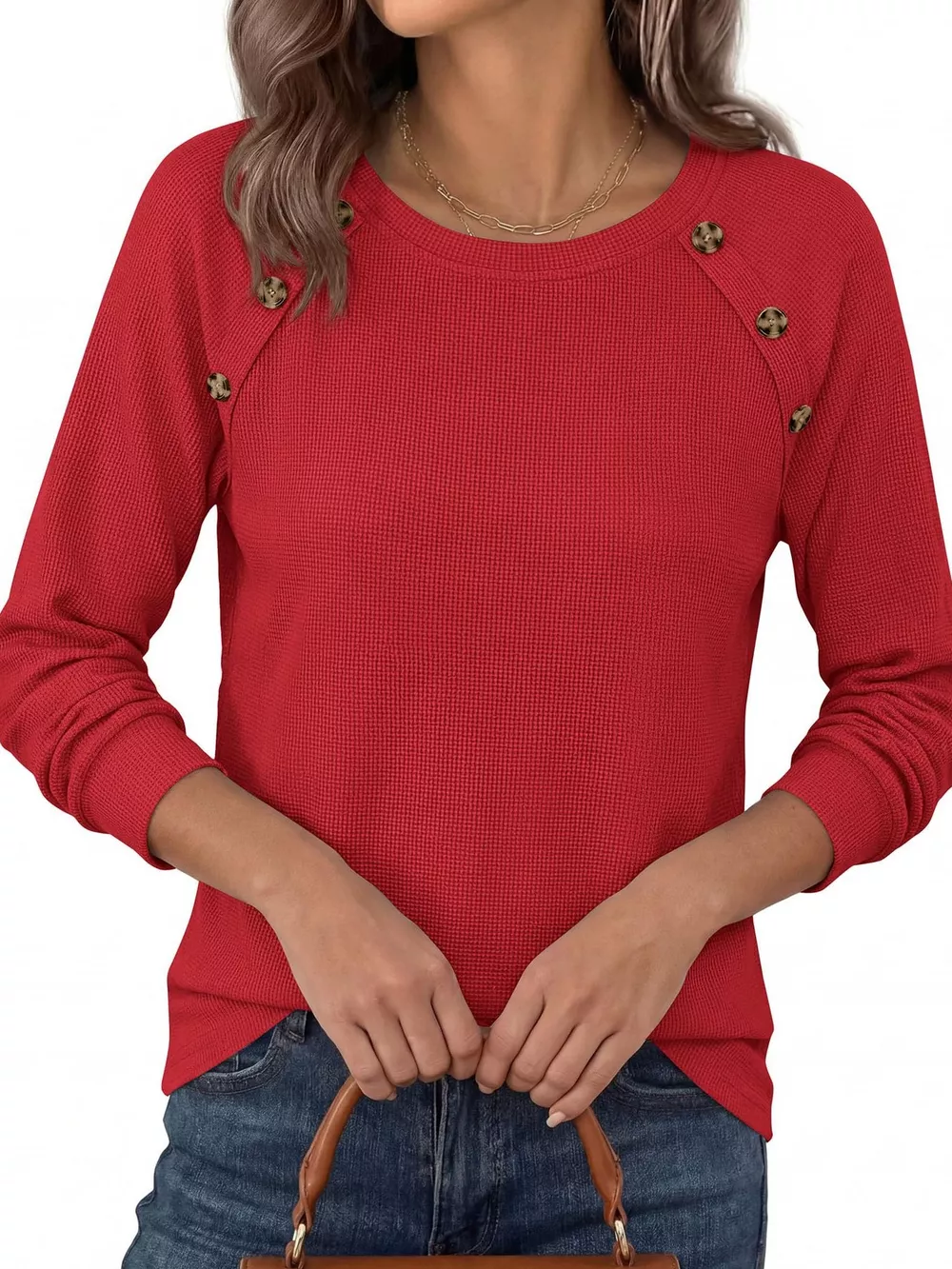 Decorative Button Waffle Knit Long Sleeve T-Shirt, image 23