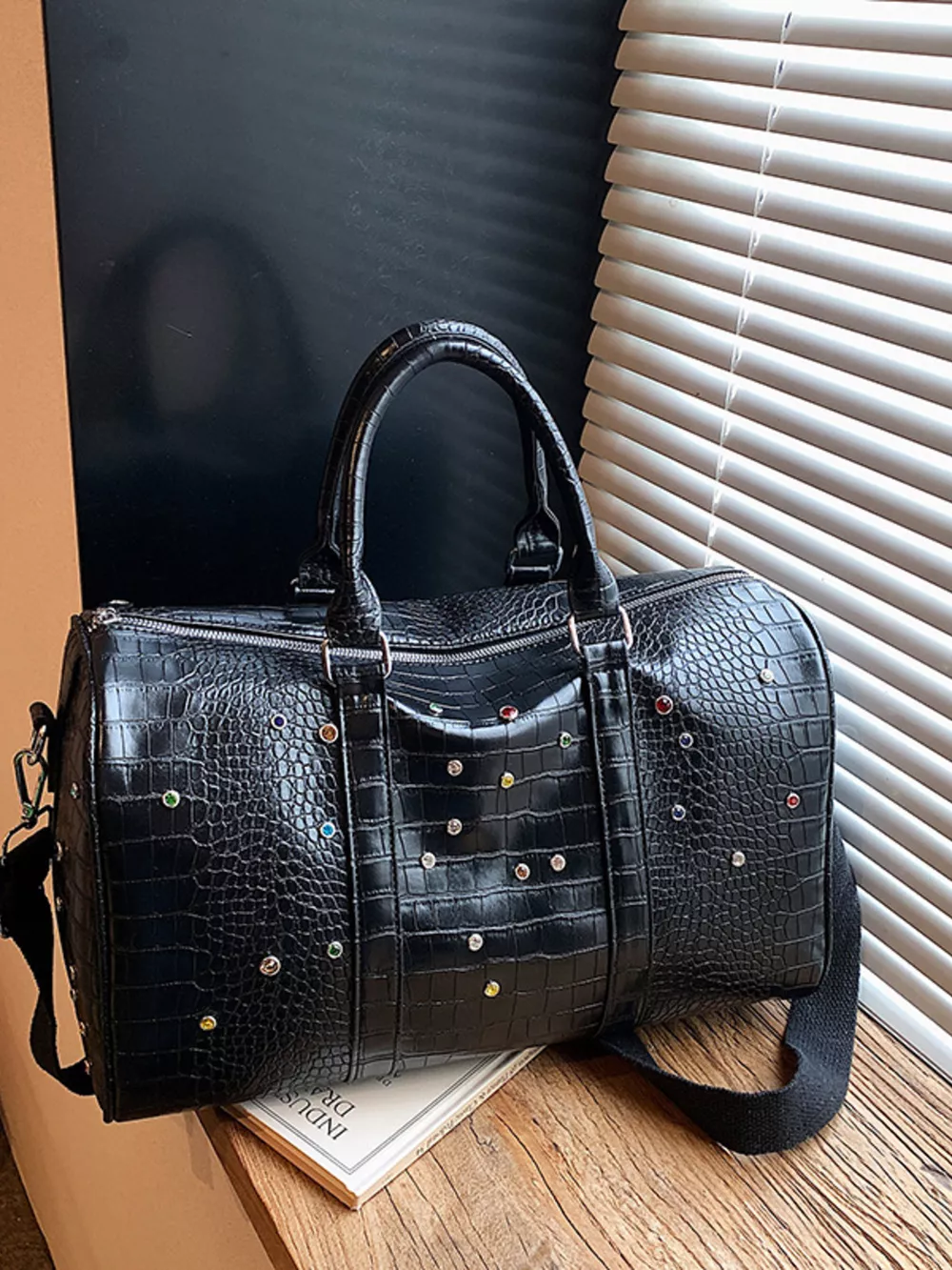 Crocodile Embossed Studded Travel Bag, image 6