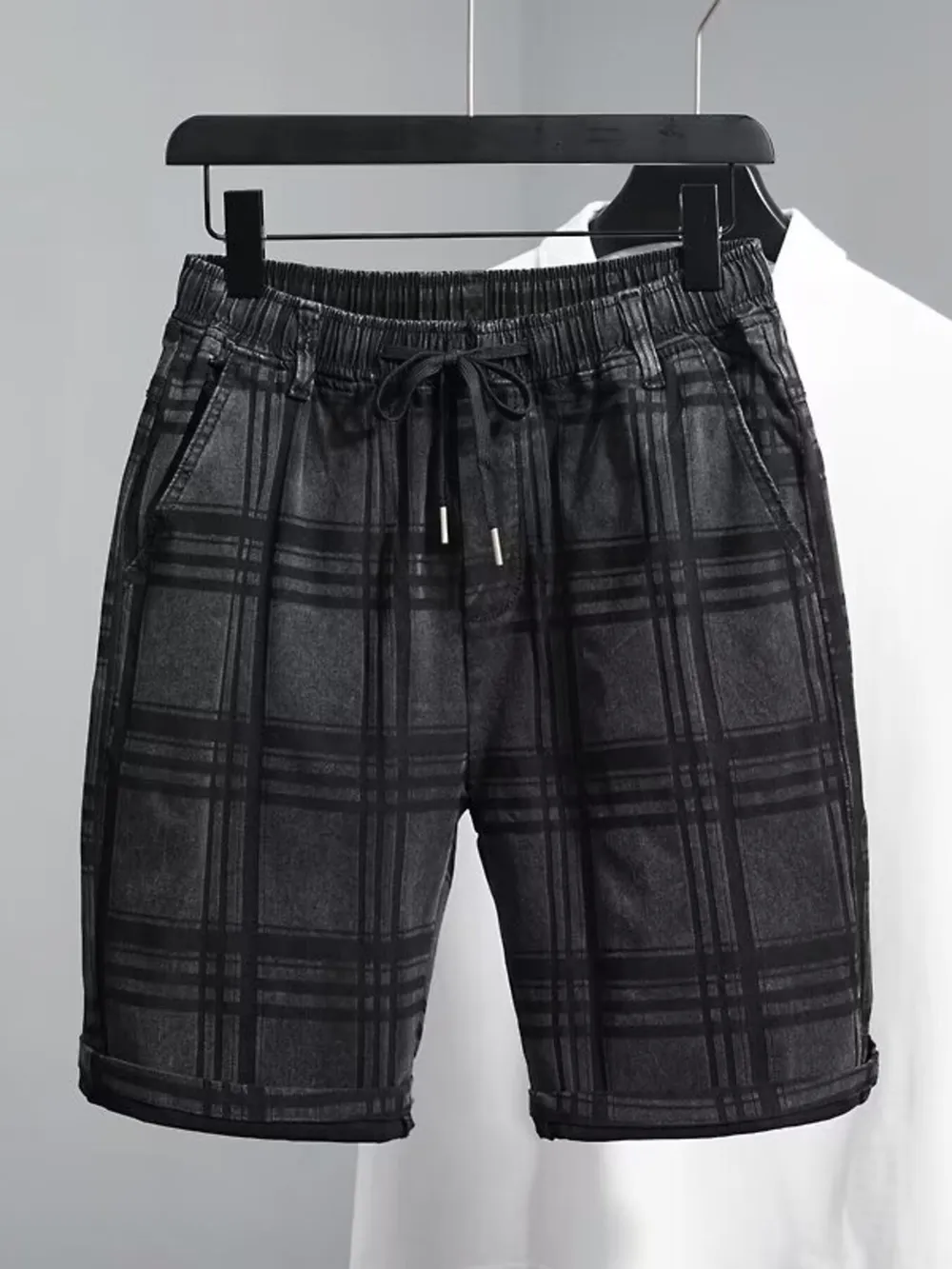 Men's Plus Size Plaid Pattern Elastic Waist Denim Shorts, image 2