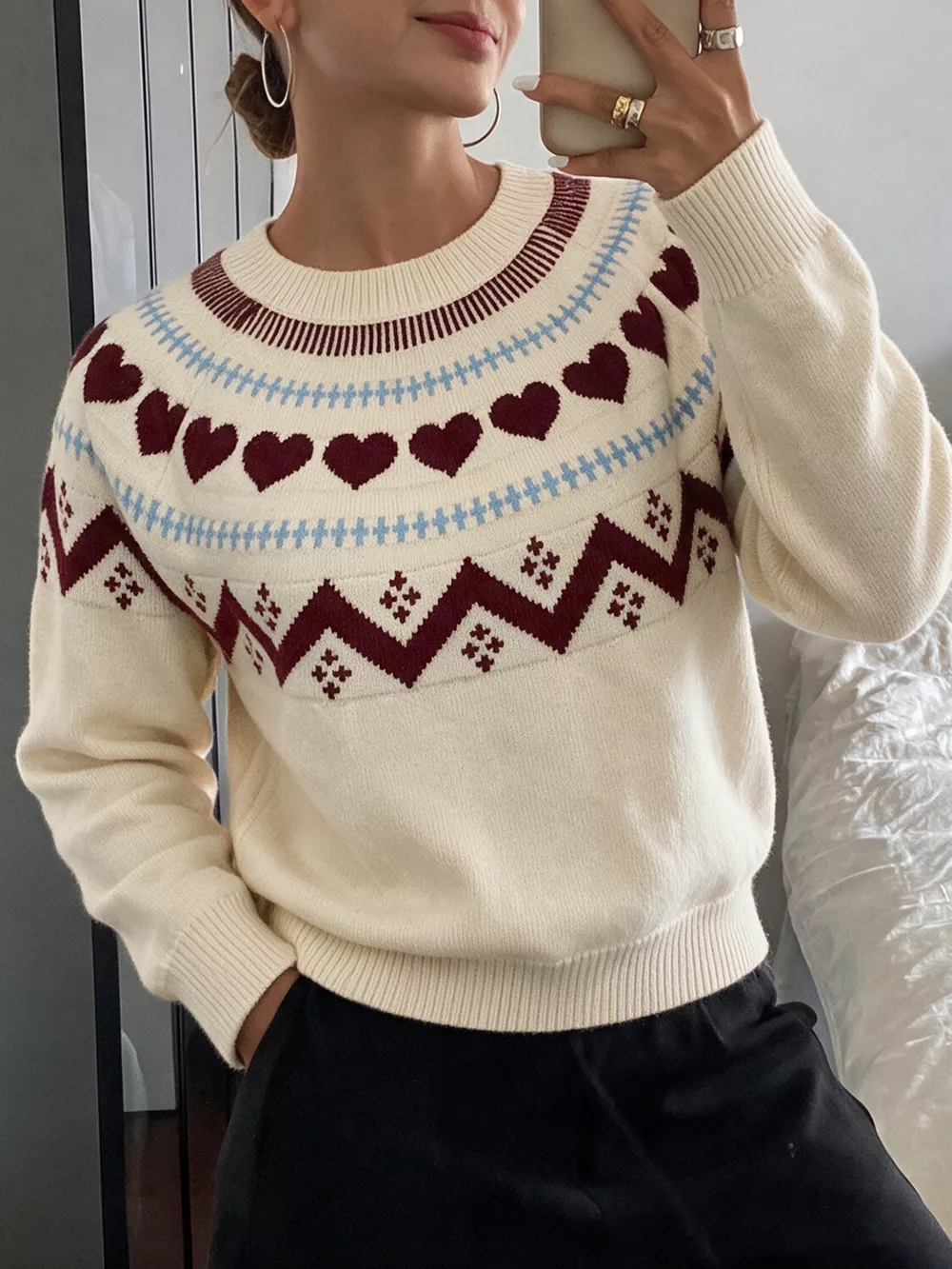Heart-Patterned Crew Neck Sweater, image 5
