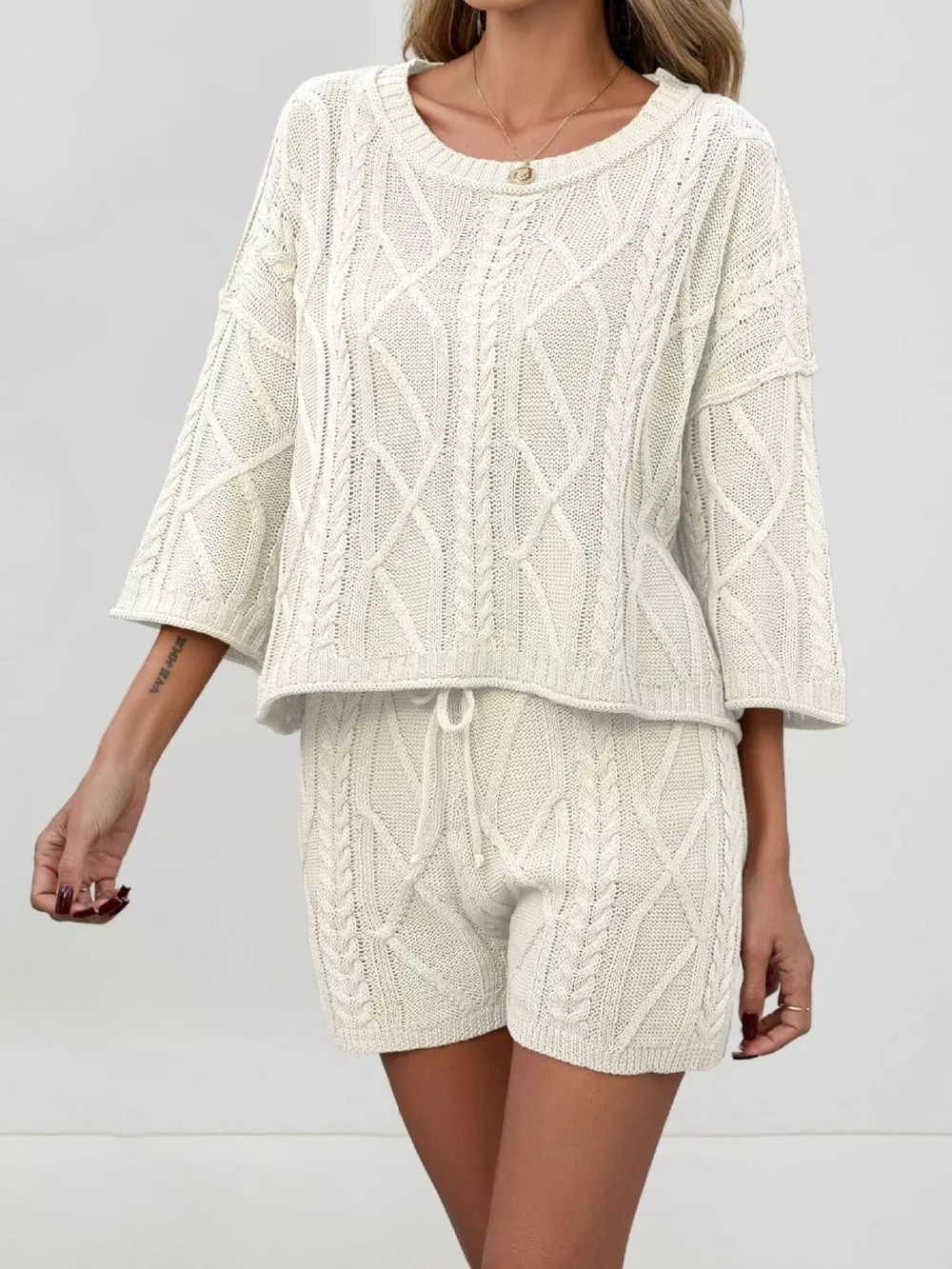 Cable Knit Round Neck Top and Shorts Sweater Set, image 11