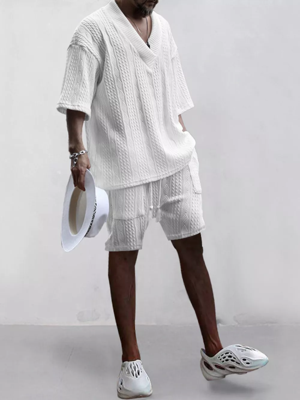 Men's Full Size Casual Knit V-Neck Short Sleeve Top and Shorts Set Plus Size, image 20
