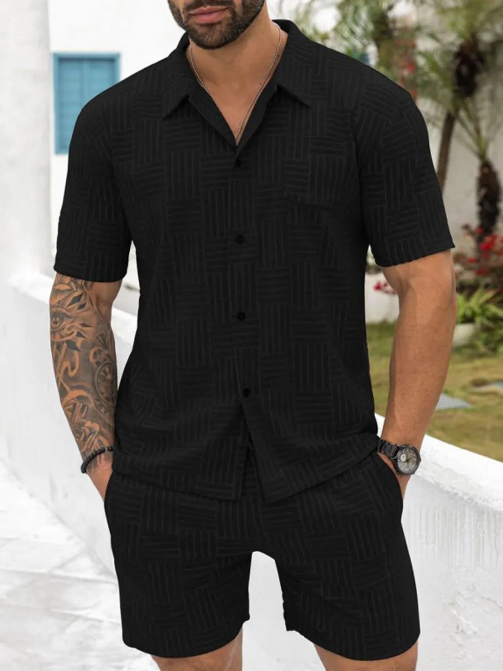Men's Full Size Button Up Short Sleeve Top and Shorts Set Plus Size, image 2
