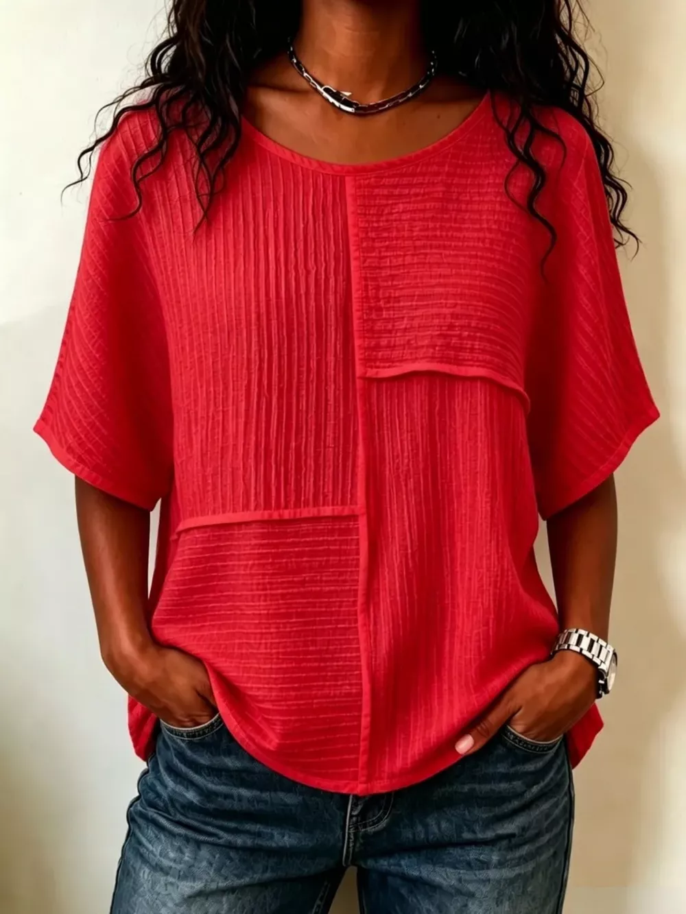 Full Size Texture Round Neck Half Sleeve Blouse Plus Size, image 9