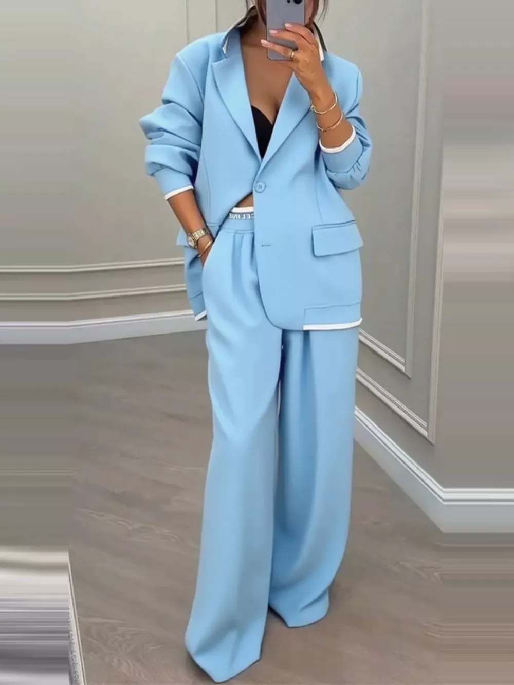 Full Size One Button Blazer and Wide-Leg Pants Set Plus Size, image 13