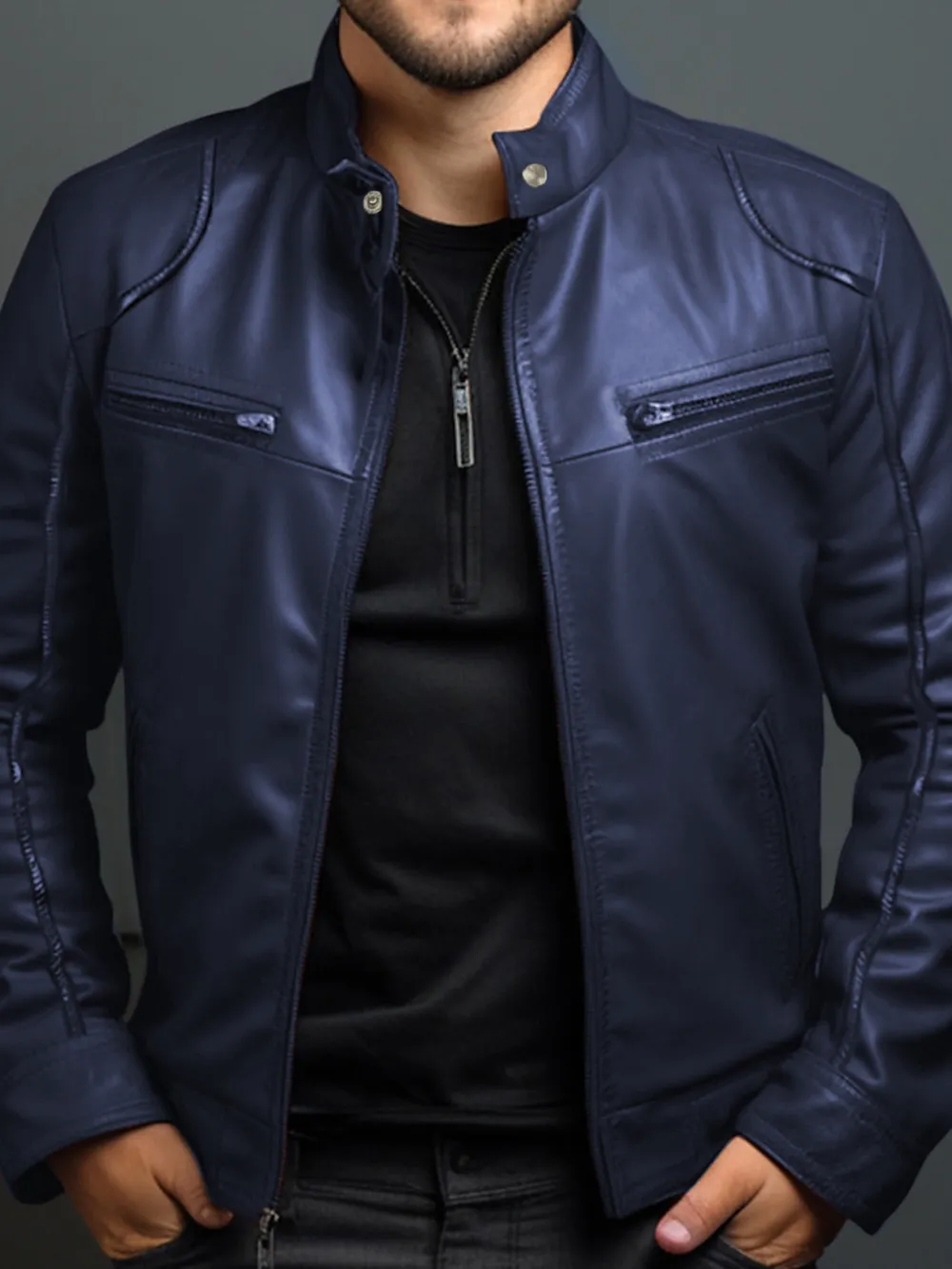 Men's Full Size Leather Motorcycle Jacket with Zipper Front Plus Size, image 7