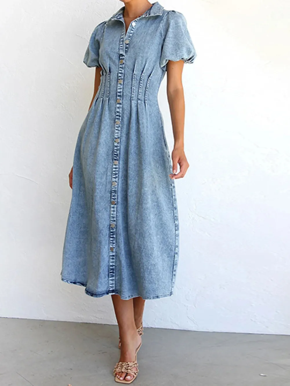 Puff Sleeve Button Front Denim Midi Dress, image 5