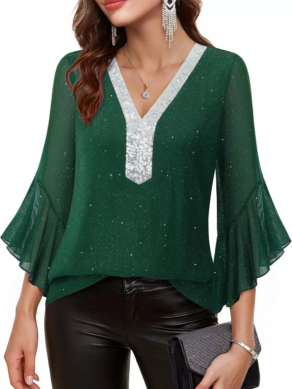 Sequin V-Neck Flounce Sleeve Blouse, image 18