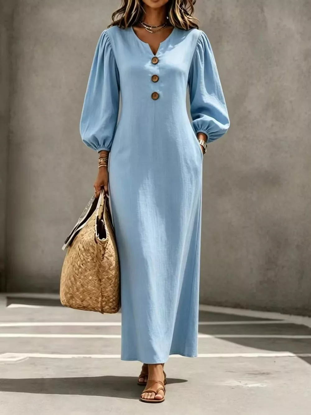 Decorative Button Balloon Sleeve Maxi Dress, image 13