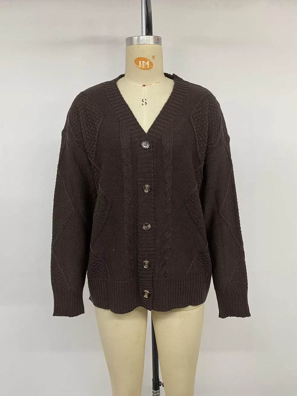 V-Neck Cable Knit Button-Down Cardigan, image 12