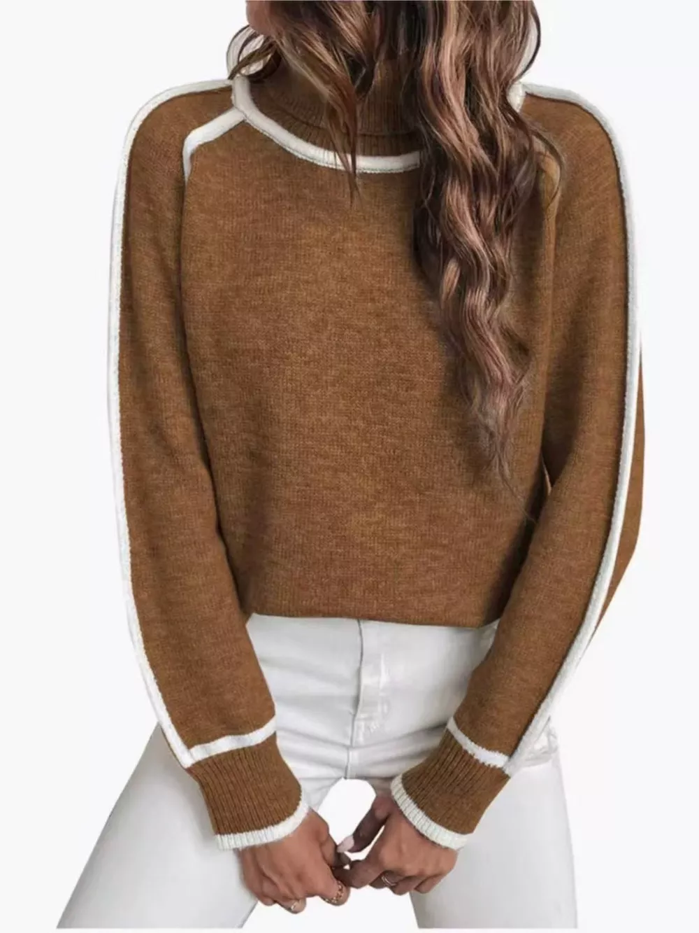 Full Size Contrast Trim Ribbed Hem Turtleneck Sweater Plus Size, image 11
