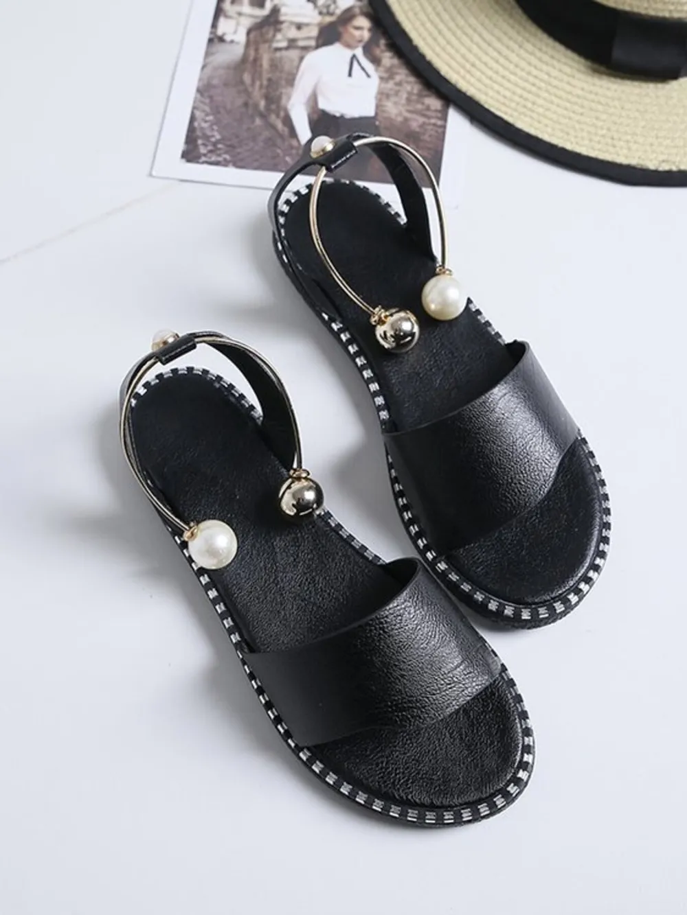 Pearl Embellished Flat Sandals, image 9