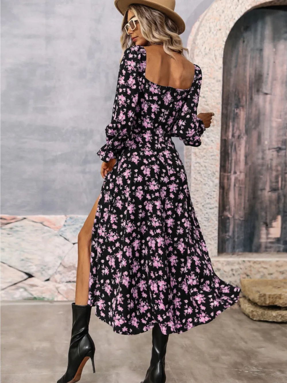 Floral Print Square Neck Flounce Sleeve Dress with Side Slit, image 15