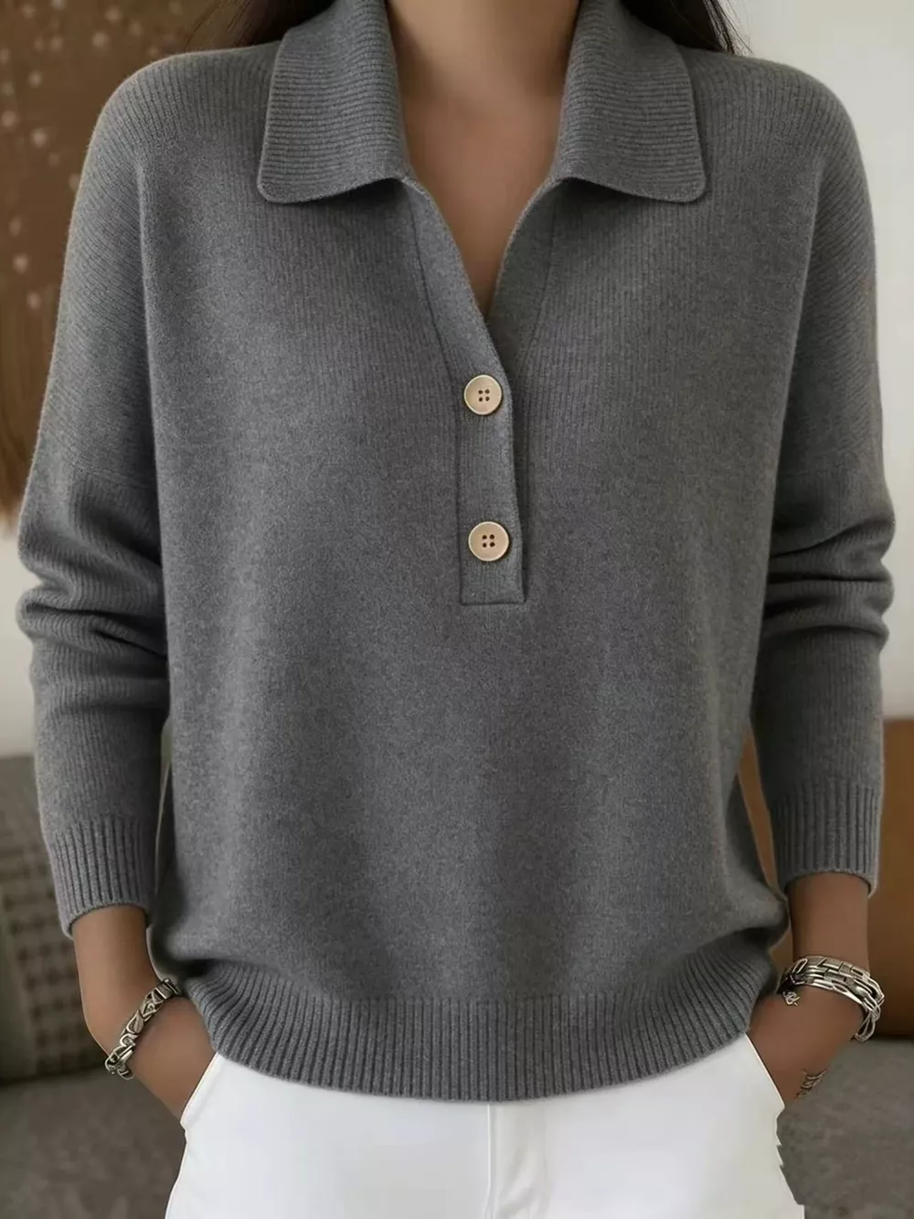 Full Size Button Detail Long Sleeve Sweater Plus Size, image 5