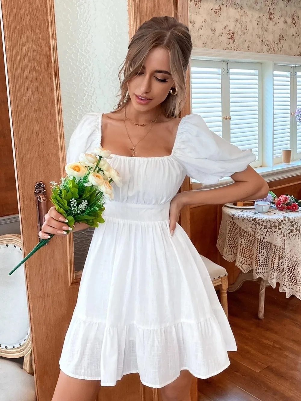 Square Neck Puff Sleeve Mini Dress, image 6