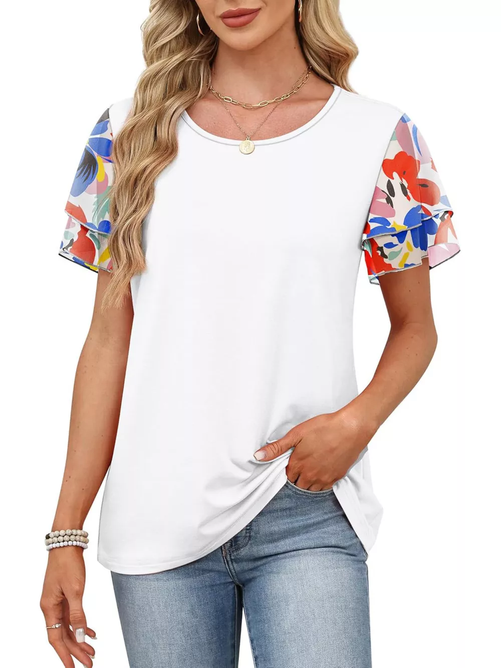 Layered Short Sleeve Round Neck T-Shirt, image 35