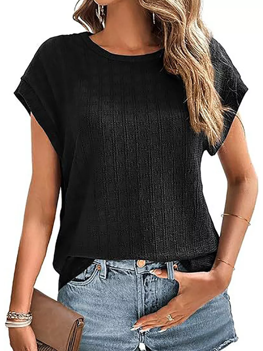 Textured Round Neck Short Sleeve Top, image 14