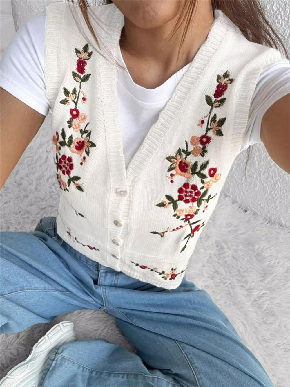 Embroidered Button Up Sweater Vest, image 12