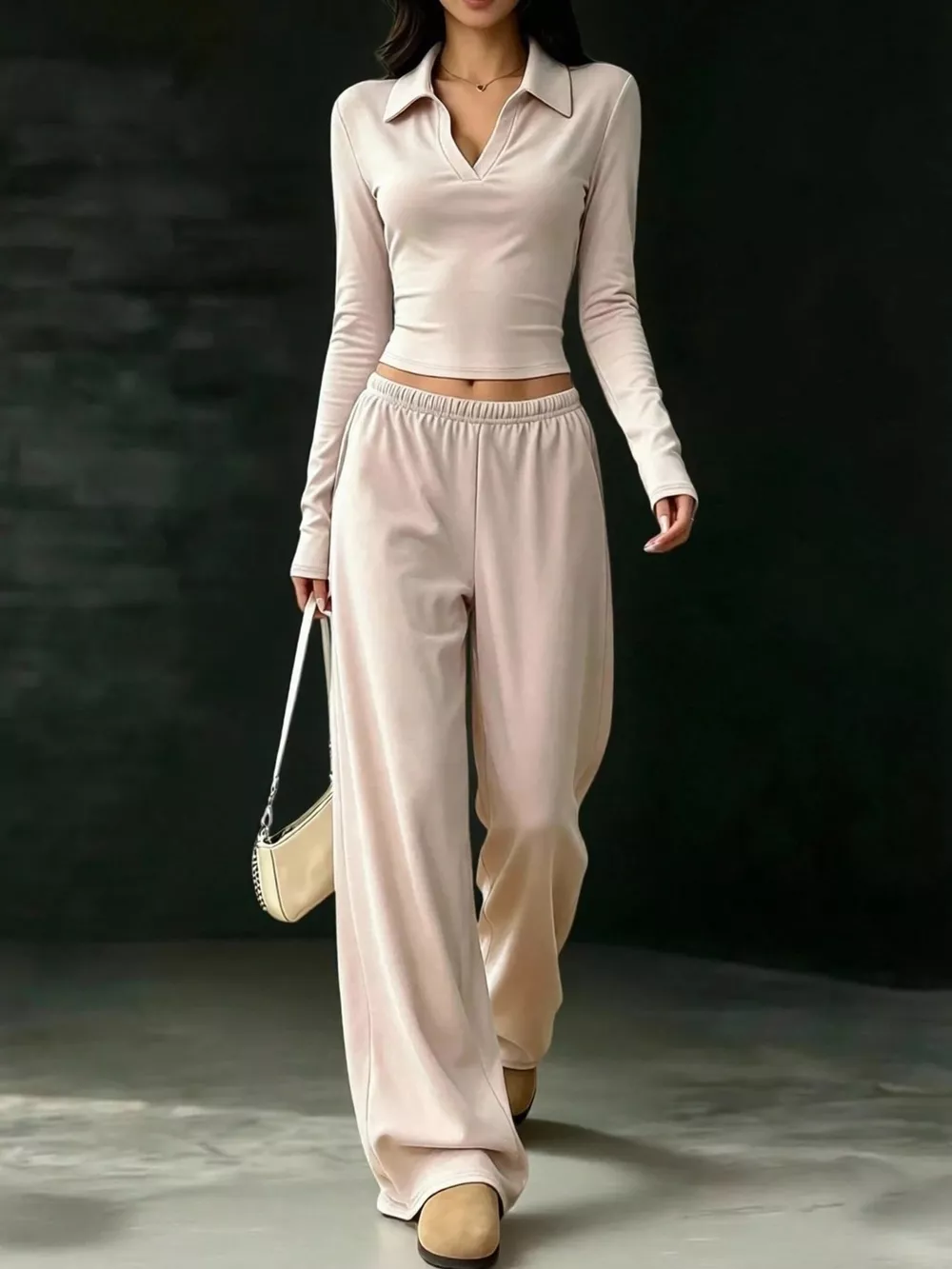 Long-Sleeve Polo Top and Wide-Leg Pants Set, image 3