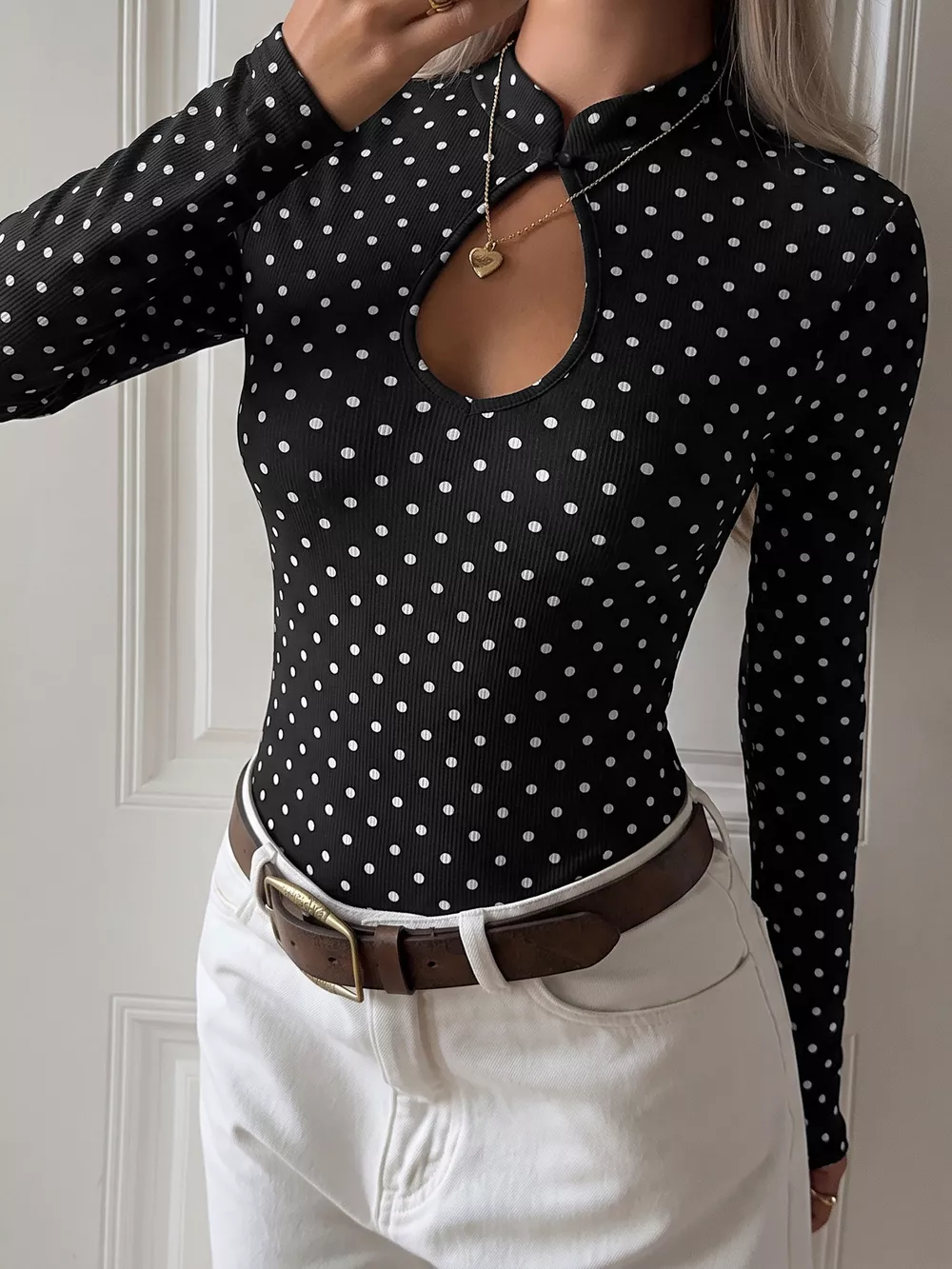 Polka Dot Cutout Long Sleeve Bodysuit, image 3