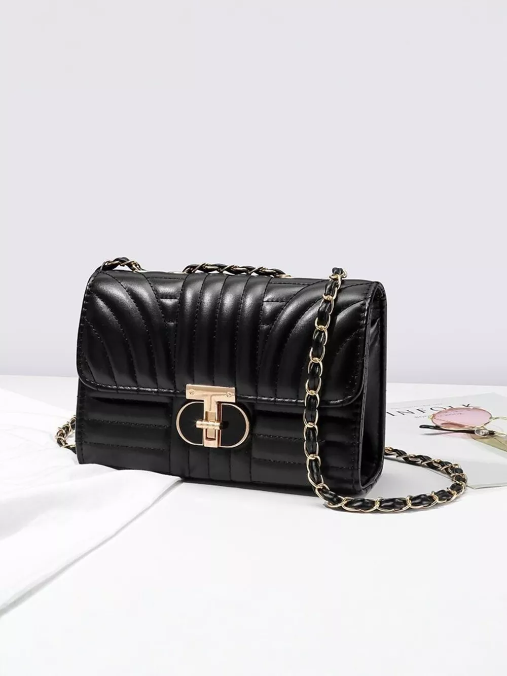 Quilted Chain Shoulder Bag with Metallic Lock, image 7
