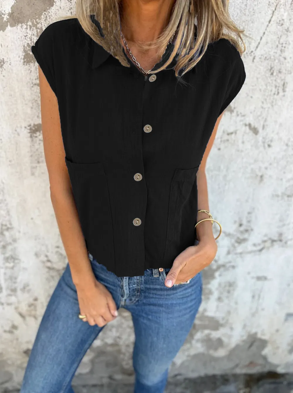 Full Size Button Down Cap Sleeve Linen Shirt Plus Size, image 17
