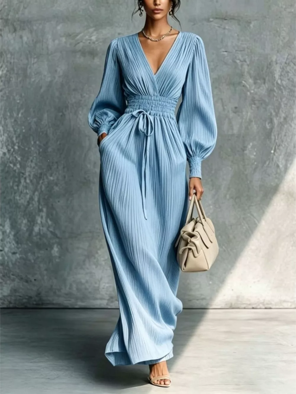 Elegant Pleated V-Neck Maxi Dress with Lantern Sleeves and Tie-Waist, image 7