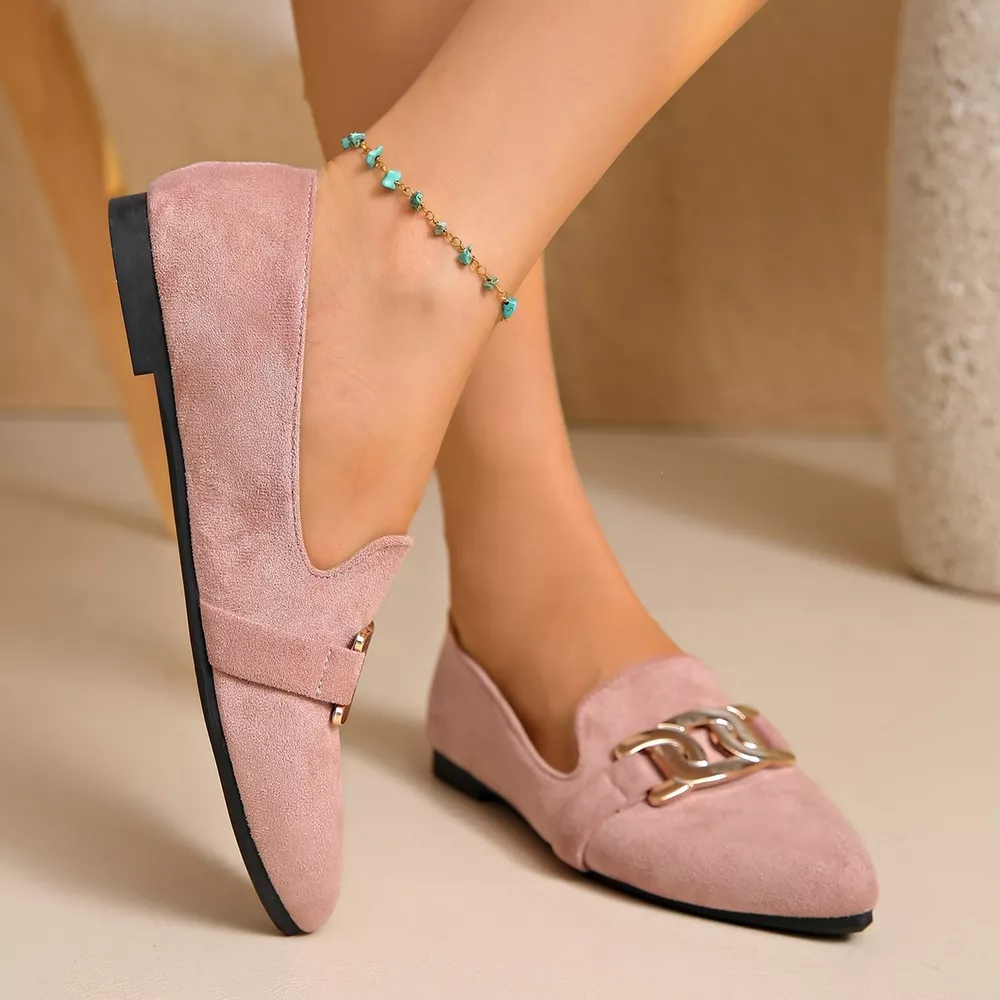 Pointed-Toe Suede Loafers with Metallic Chain Detail, image 11