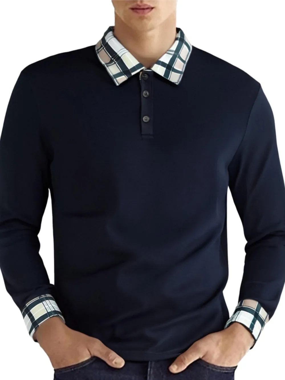 Men's Long Sleeve Plaid Collar Polo Shirt, image 3