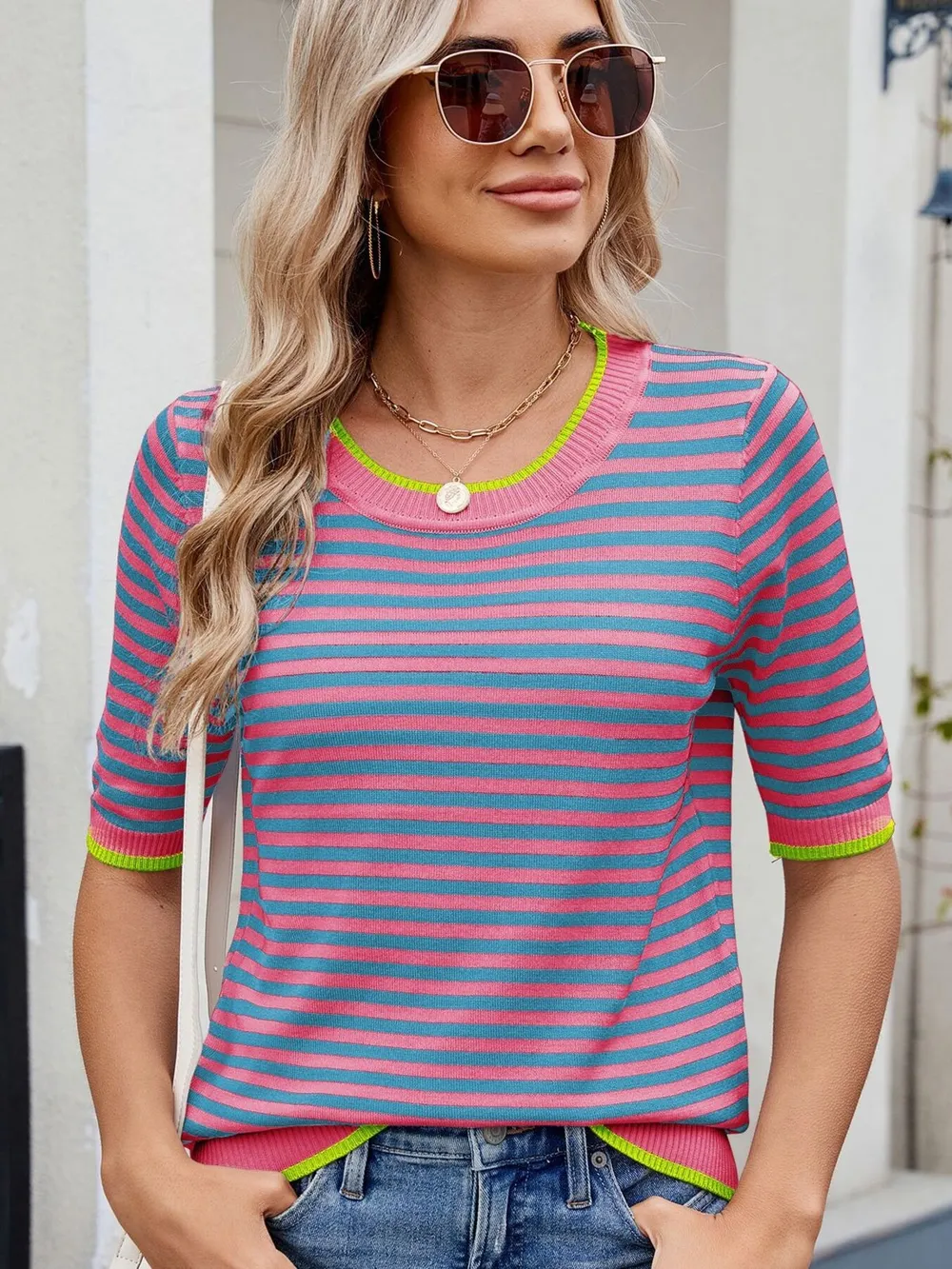 Striped Casual T-Shirt with Contrast Trim, image 28