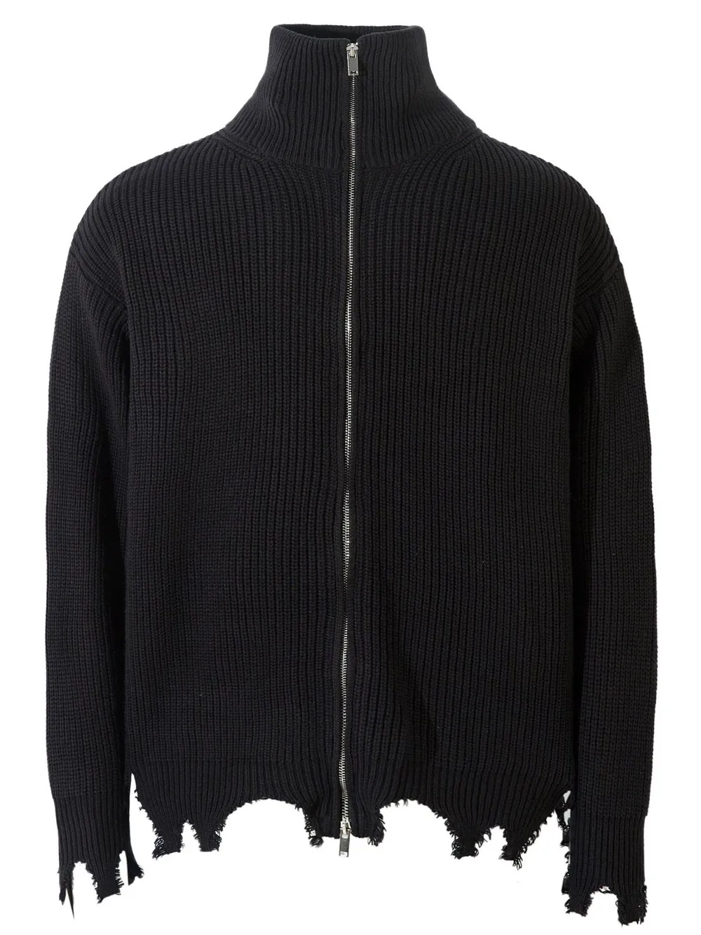 Men's Distressed Hem Ribbed Knit Zip-Up Cardigan