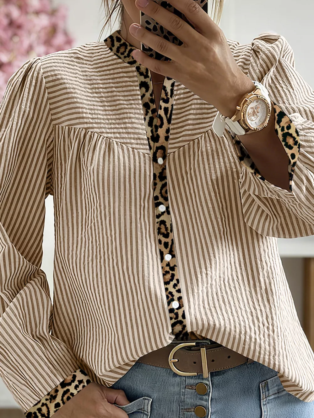 Stripe Leopard Patchwork Long Sleeve Shirt, image 3